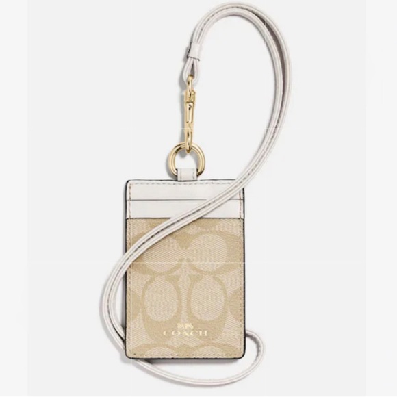 NEW! COACH Lanyard ID Cardholder, Sig. Canvas & Leather, Lt. Khaki/Chalk, NWT! - Picture 1 of 15